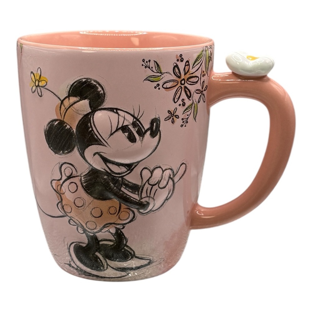 Disney Store 3D Sketched Minnie Mouse Pink Coffee Tea Mug Cup Flower on Handle